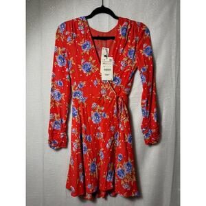 ZARA ORANGE DRESS WITH BLUE FLOWERS SIZE XSMALL